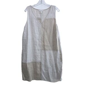 GARNET HILL Hillside Linen Patchwork Dress Beige Coastal Cottagecore Boho Sz M